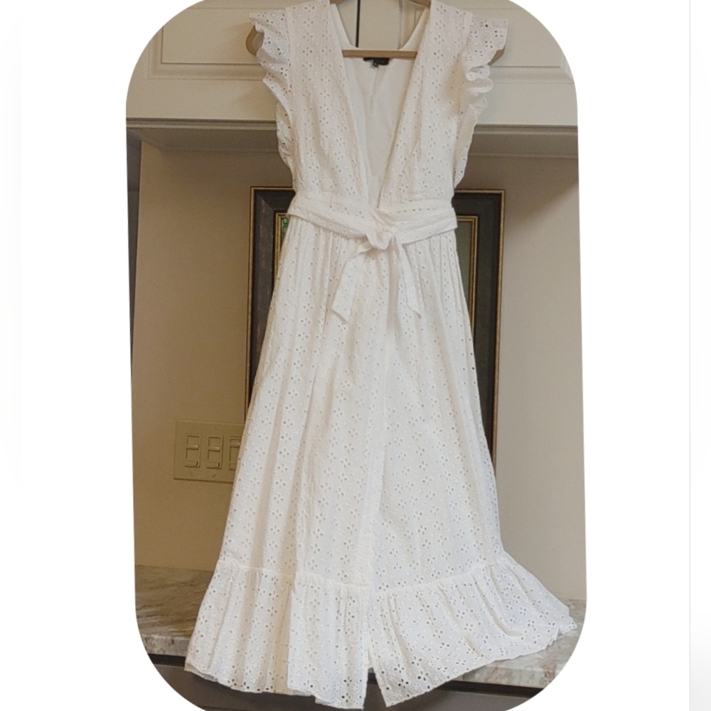 Majorelle Mistwood White Ruffle Cotton Eyelet Wrap Long Pinafore Type Dress XS